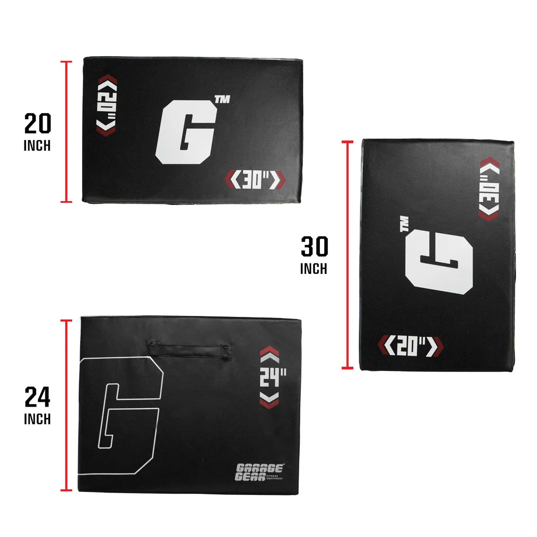 3-in-1 Foam Plyo Box dimensions diagram showing 20 24 and 30 inch heights