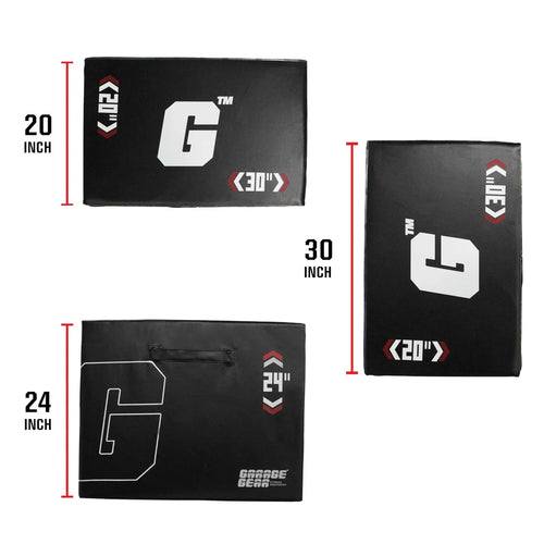 3-in-1 Foam Plyo Box dimensions diagram showing 20 24 and 30 inch heights